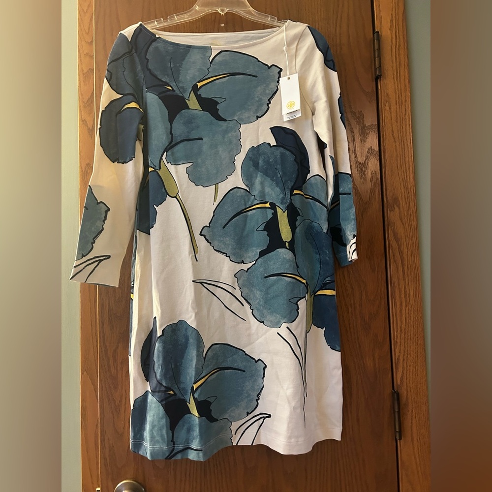 TORY BURCH Bonnie dress Blue Floral 3/4 Sleeve Small NWT 100% Pima cotton